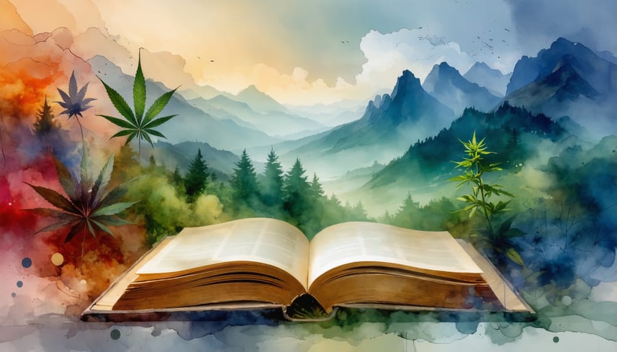 Open book morphing into a calm landscape, illustrating relaxation and wellness themes of CBD-infused narratives