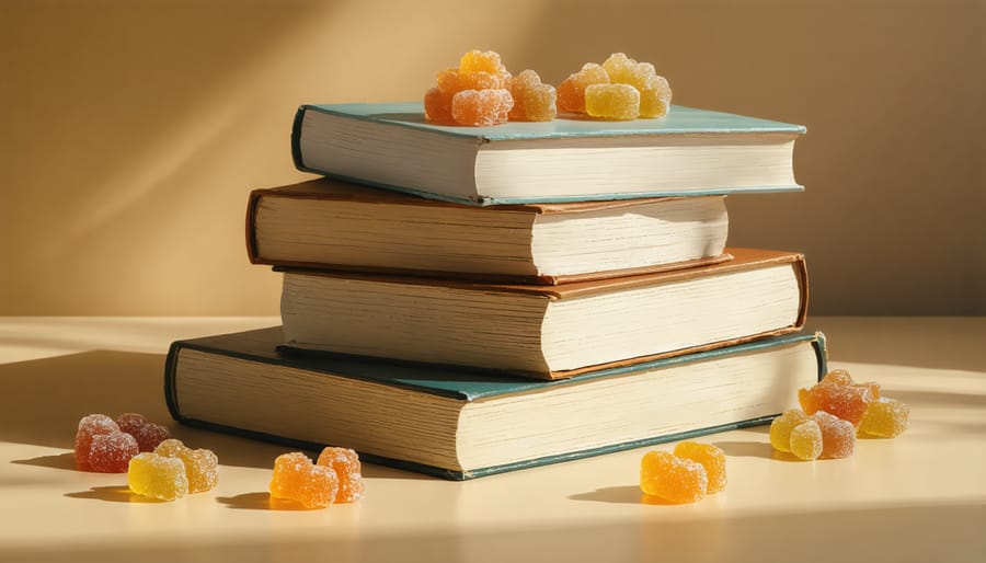 Stack of books intertwined with colorful CBD gummies symbolizing the merging of literature and CBD