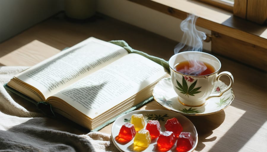 Inviting reading space with a collection of CBD gummies and tea, evoking a relaxing ritual