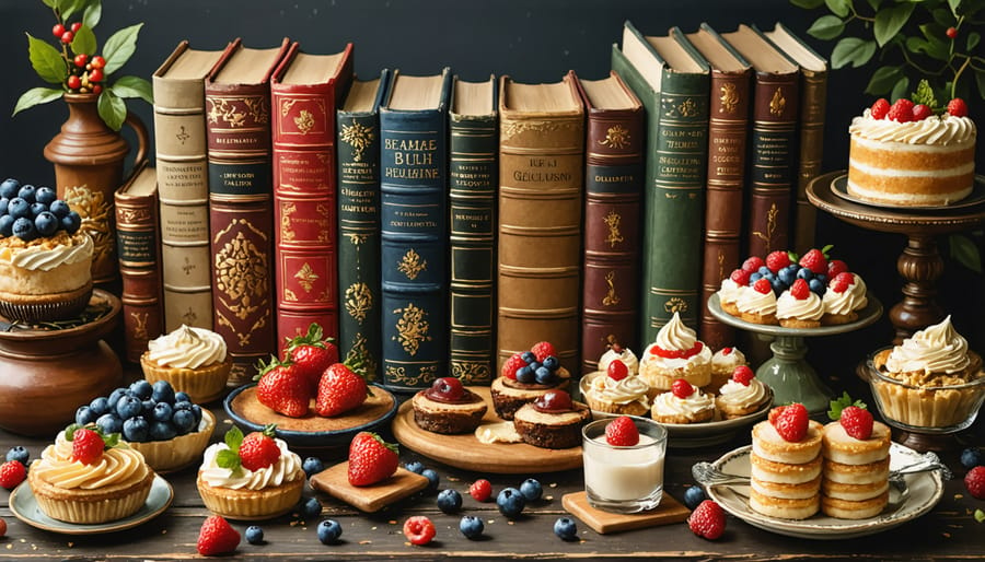 Classic books with an assortment of international meals and treats illustrating food in literature