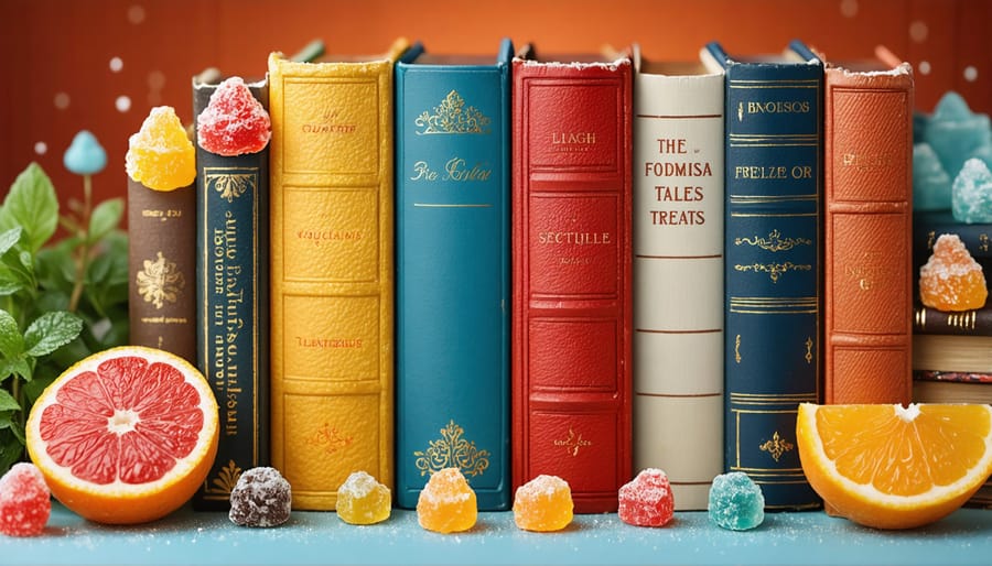 Vibrantly colored freeze-dried candies with fiction books