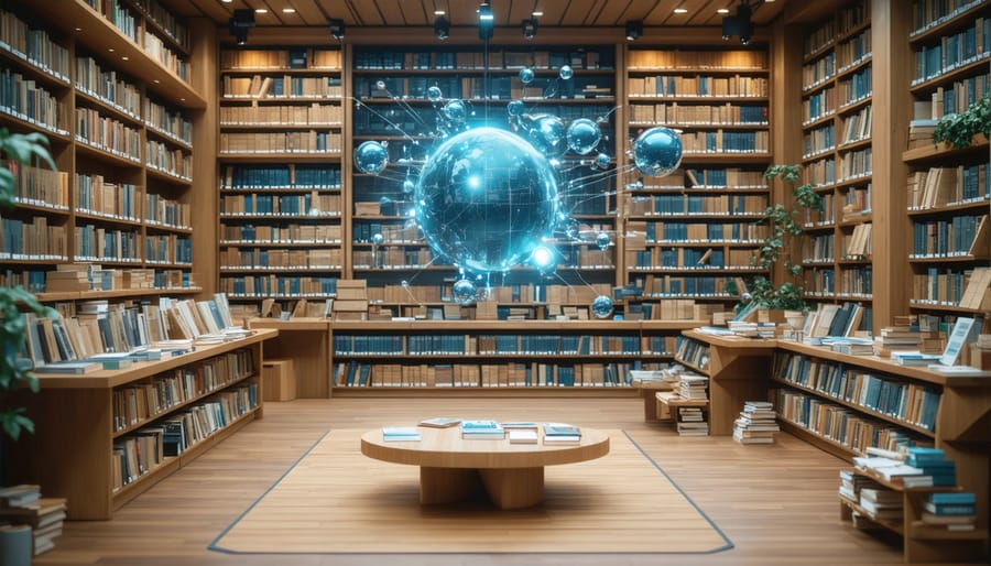 Person using smartphone library app while browsing physical bookshelves