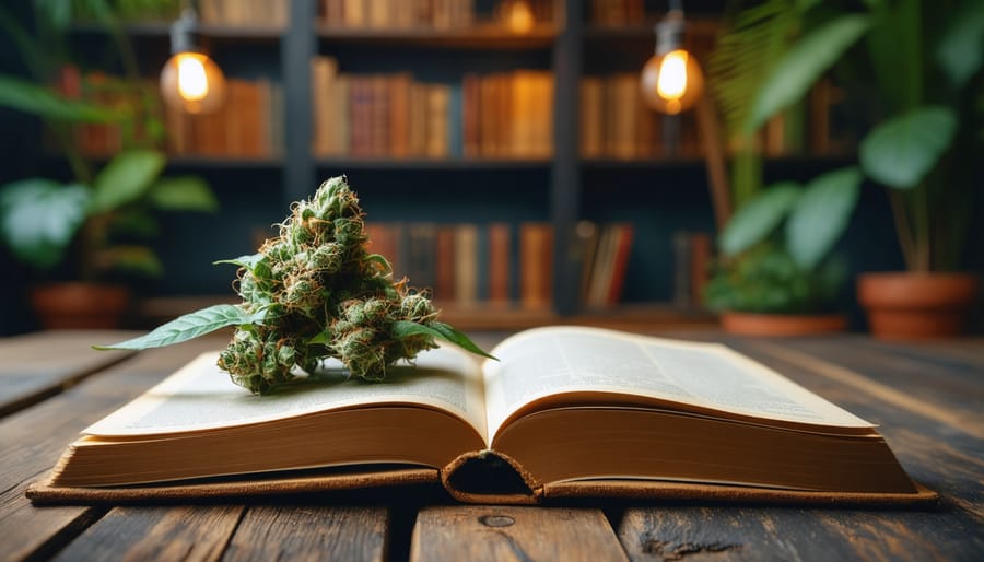 Modern bookshelf displaying collection of cannabis education books with decorative plants