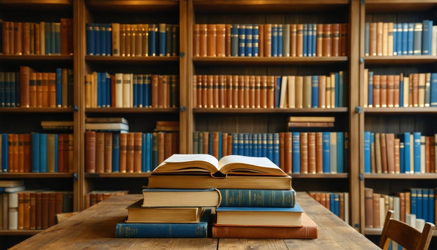 Librarian and library patron discussing book recommendations at circulation desk