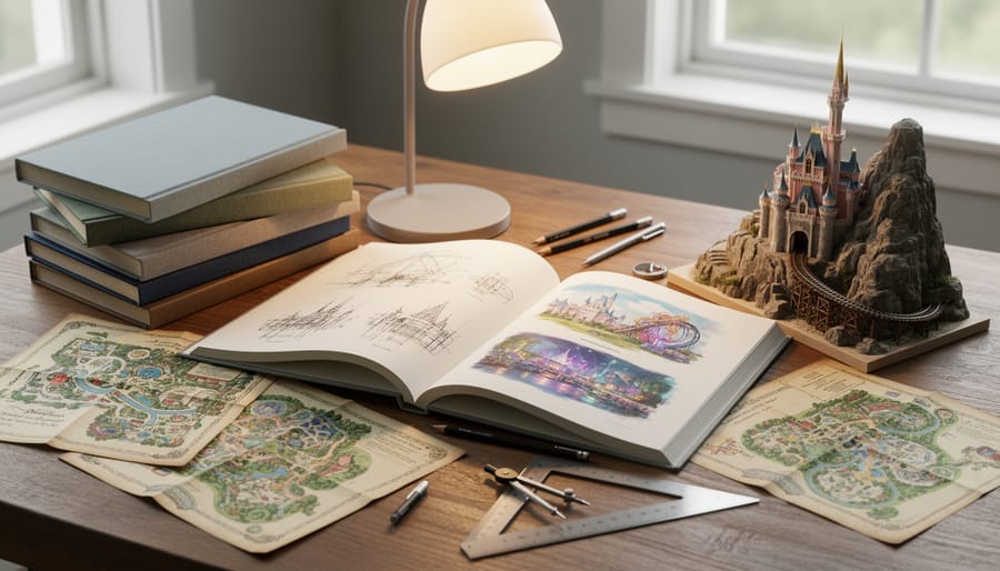 Collection of Disney history and biography books with vintage park photographs on wooden table