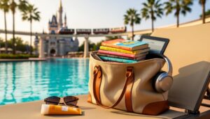Poolside lounge chair with a tote of colorful books, e-reader, headphones, sunglasses, and sunscreen, with palm trees, a resort pool, and a distant fairytale-style castle and monorail softly blurred in warm golden light.