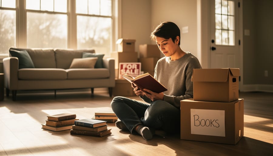 Stack of novels beside moving boxes in empty room with natural lighting