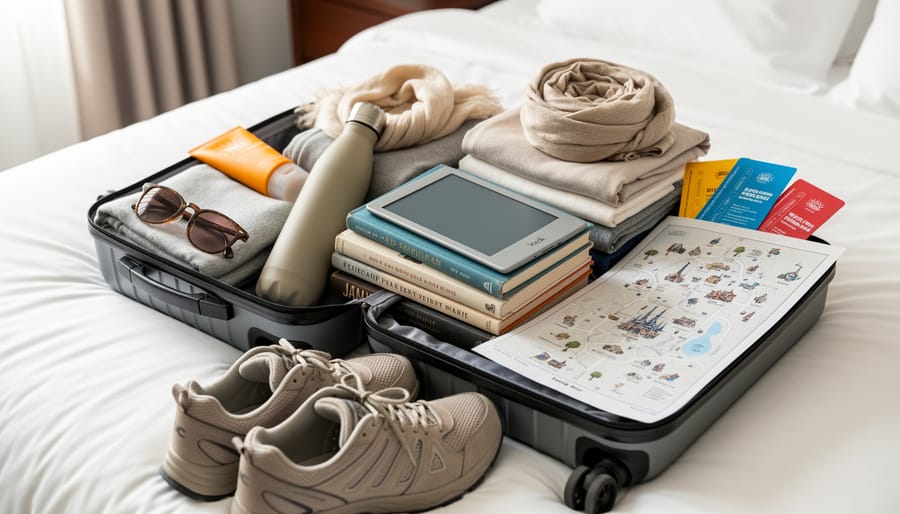 E-reader and paperback book in travel bag with Disney accessories