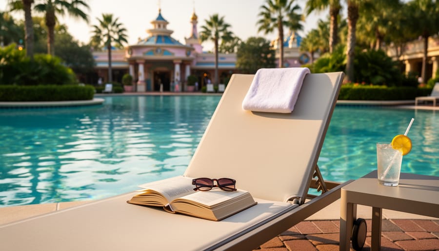 Stack of books beside pool lounger at Disney resort with palm trees in background