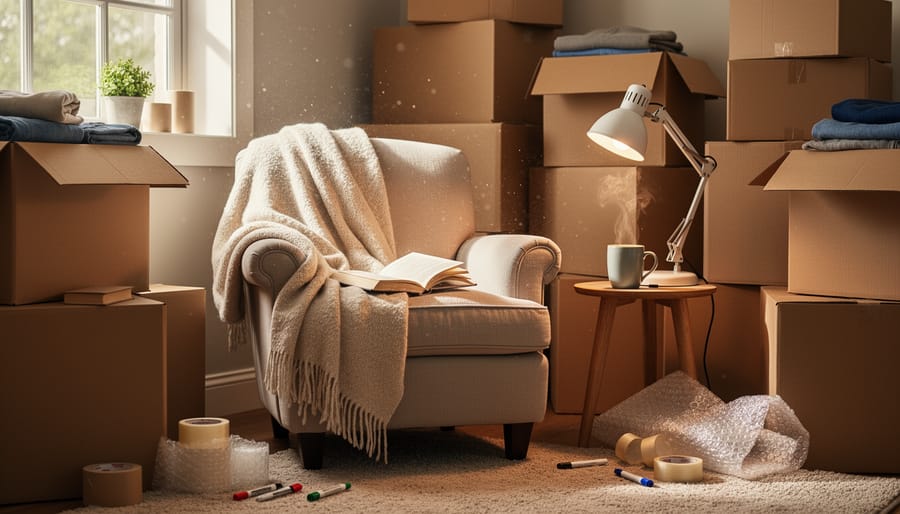 Woman reading book in armchair surrounded by moving boxes and packing materials