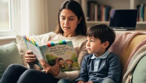 Parent and elementary-age child in a cozy reading nook, with the parent holding an open picture book marked by colored tabs; soft daylight, sharp focus on hands and book, blurred bookshelf and laptop in the background.