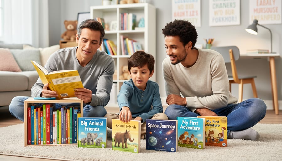 Parent and child reading picture book together on living room couch