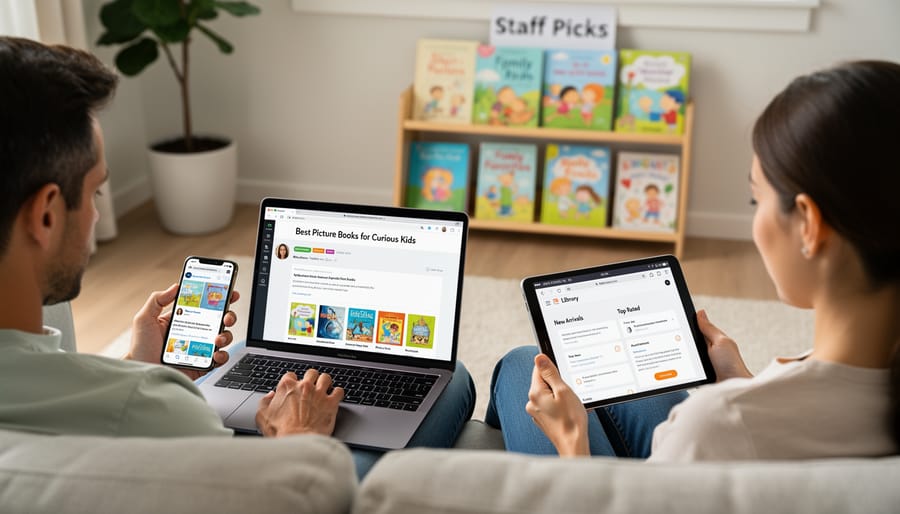 Parent using smartphone to research book reviews in library children's section