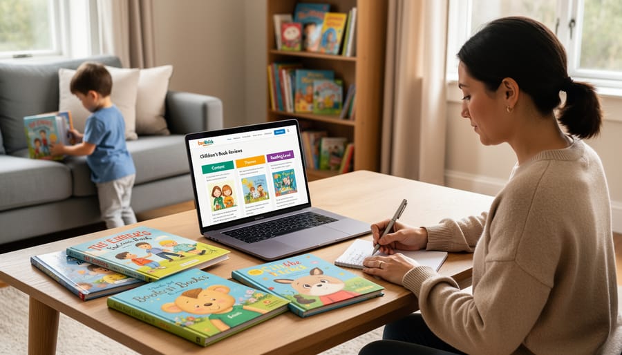 Open children's book on table with parent taking notes