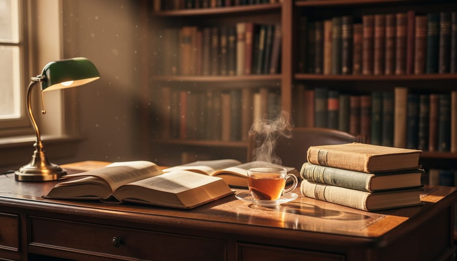 Open ancient scroll with a bronze oil lamp and leather journal on a stone table