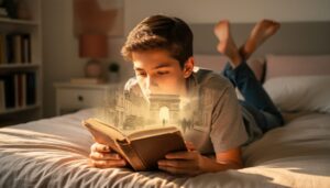 A teenage reader holding an open historical fiction novel on a bed, with subtle glowing silhouettes from the past emerging from the pages, captured in warm golden light.