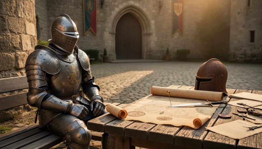 Knight in chainmail holding rolled parchment in a stone castle courtyard