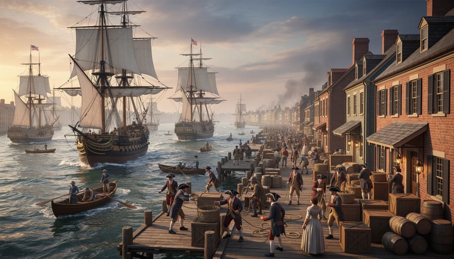 Sailing ship near a harbor at dusk with silhouetted figures on a pier