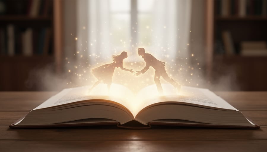 An open book on a dark wooden desk with faint swirling mist rising from the pages under low-key studio lighting