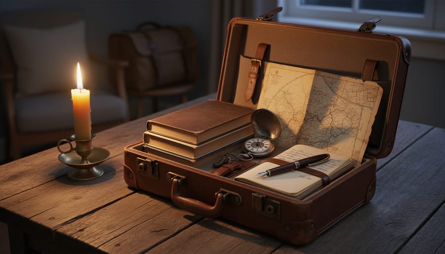 Candle burning next to a leather satchel with a pocket watch and notebook
