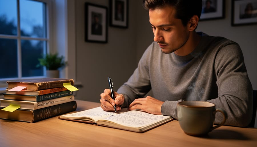 Close view of hands holding a notebook and pencil with books blurred in the background