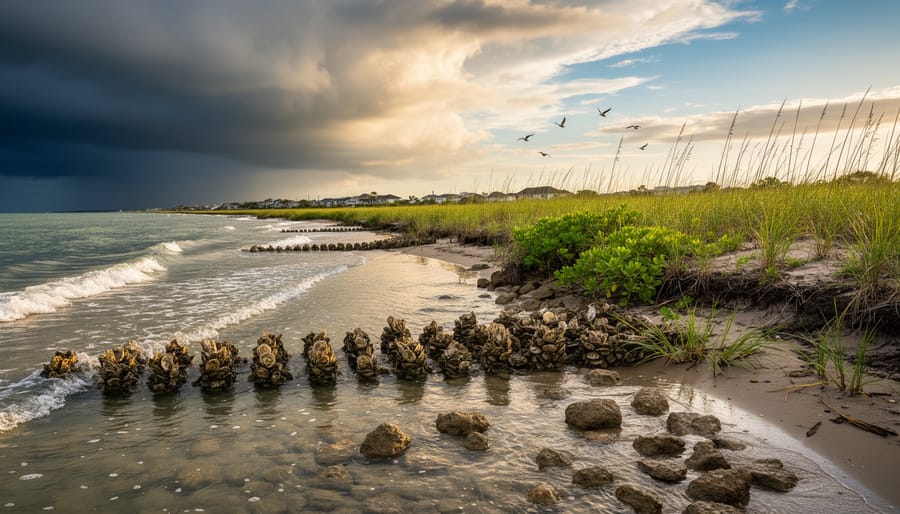 Coastal shoreline with wind-swept grasses and waves under a dramatic sky