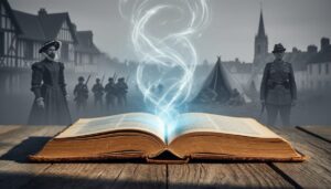 “Open vintage book on a wooden table with a faint glowing portal effect rising from the pages, suggesting multiple historical eras.”