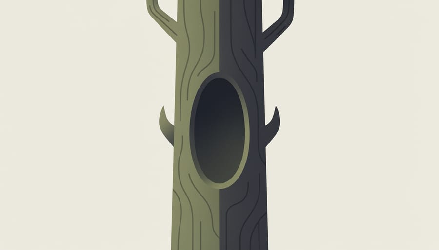 Low-angle view of an old hollow tree in a forest with shadows creating a friendly face-like impression