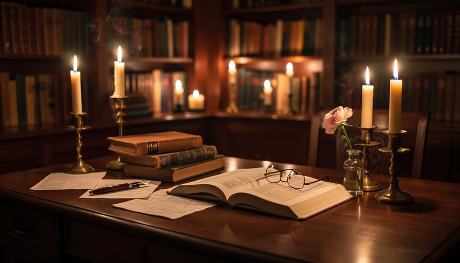 Moonlit library aisle with a candle and antique astrolabe, subtle romantic glow reflected in nearby glass