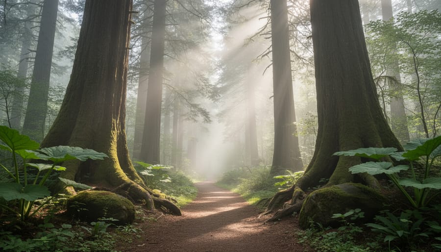 Mossy forest path in a quiet countryside with ferns and tall trees in soft misty light