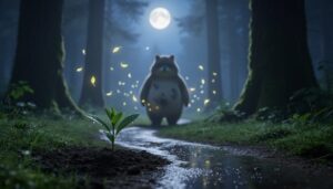 Totoro-like forest spirit silhouette in a misty moonlit clearing with glowing sprites and a sprouting seedling near a rain-damp path.