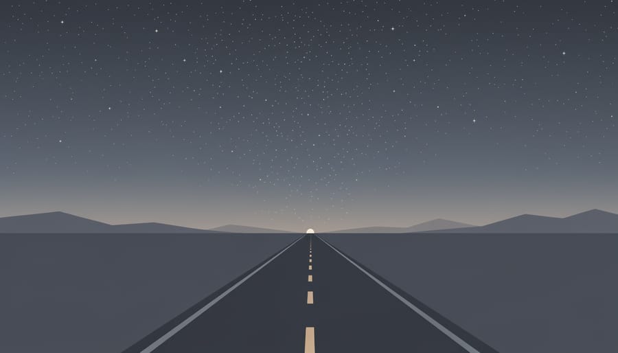Night road receding toward a distant warm light beneath a starry sky