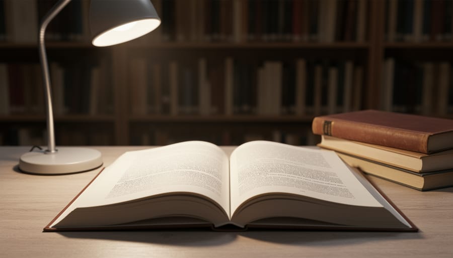 Open nonfiction book on a reading table with glasses in soft natural light
