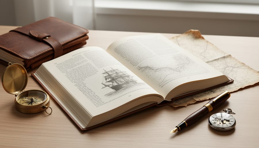 Open vintage book with an antique compass on a wooden desk