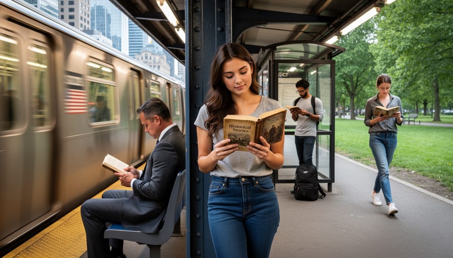 Person reading a book on a train platform window with light haze