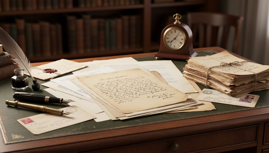Quill pen, ink bottle, wax seal, and old ledger pages on a wooden table