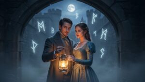 Adult couple in evening attire standing in a misty castle-like archway at night, lit by a lantern with subtle magical glow drifting in the air.