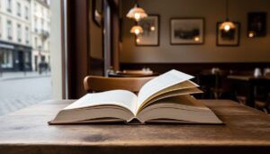 An open book on a wooden café table with soft window light and a blurred European street background, evoking immersive nonfiction reading.