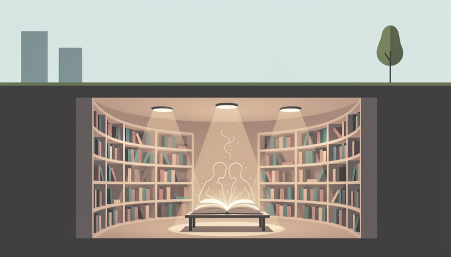 Underground library doorway with floating dust motes forming subtle ring-like shapes in a narrow beam of light