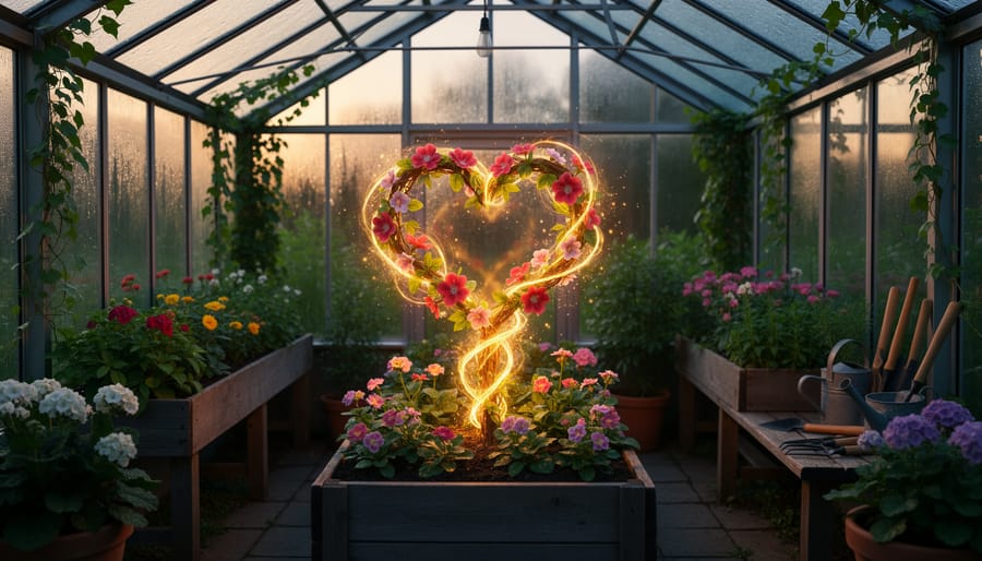 Woman in a glass greenhouse with glowing magical particles swirling around her raised hand