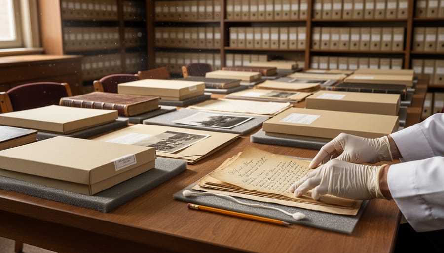 Close-up of archival documents with a magnifying glass on top and gloves beside them in a library.
