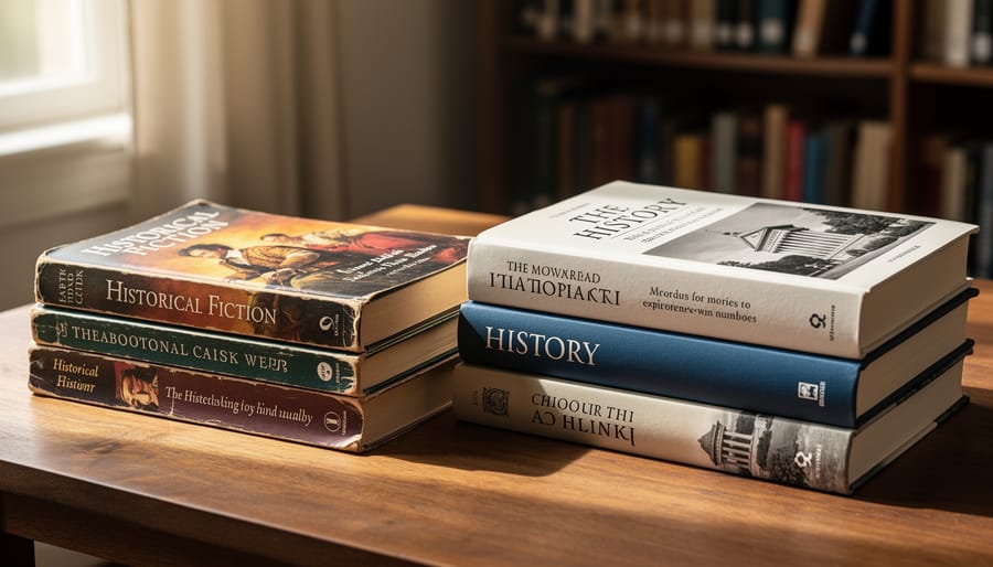 A worn historical novel and a thick history book lying on a wooden desk with antique spectacles nearby.