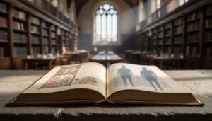 “Open book on a stone table in a library, with a soft light divide suggesting historical research on one side and historical fiction on the other.”