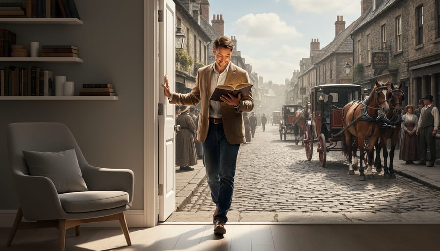 A person in period clothing holds a book while standing on cobblestones near an old stone archway, seen from a low angle.