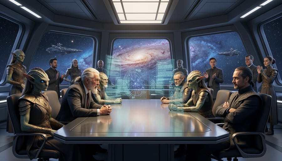 Diplomats in formal attire gather around a circular table in a star-lit salon, suggesting high-stakes space opera politics.