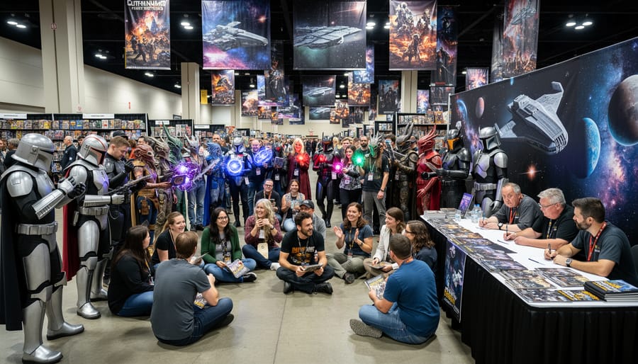 Space opera fans at a convention walk past sci-fi displays and a large spacecraft prop under bright overcast lighting.