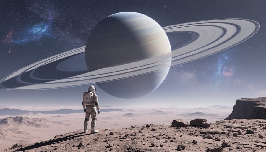 A person in a spacesuit stands on an alien cliff overlooking a glowing ringed planet and distant starships.