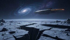 A sleek starship hovering over a rocky moon with glowing hyperspace light trails and a distant colorful nebula in the background.