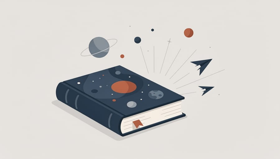 A worn leather-bound book with a star-pattern embossed cover on a desk near a mug, with warm light and a night-sky backdrop.
