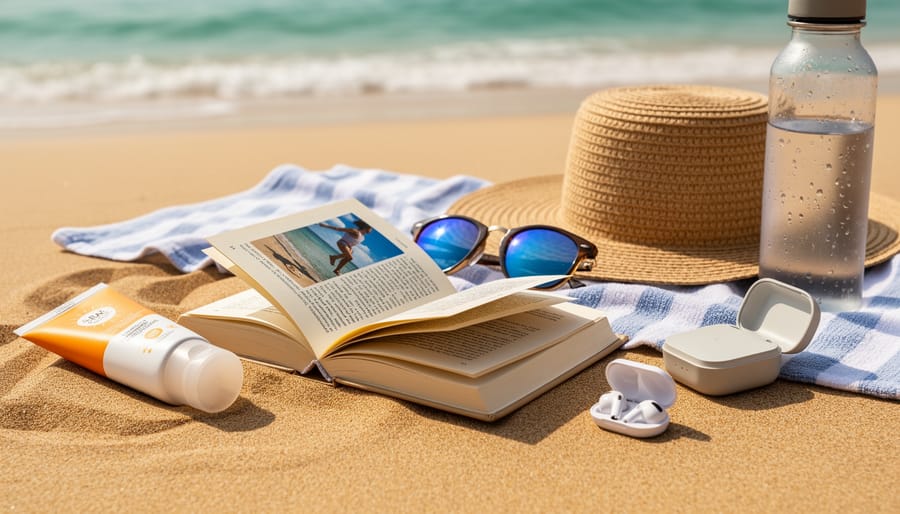 Paperback books, sunglasses, and a straw hat placed on sand near the ocean at golden hour.